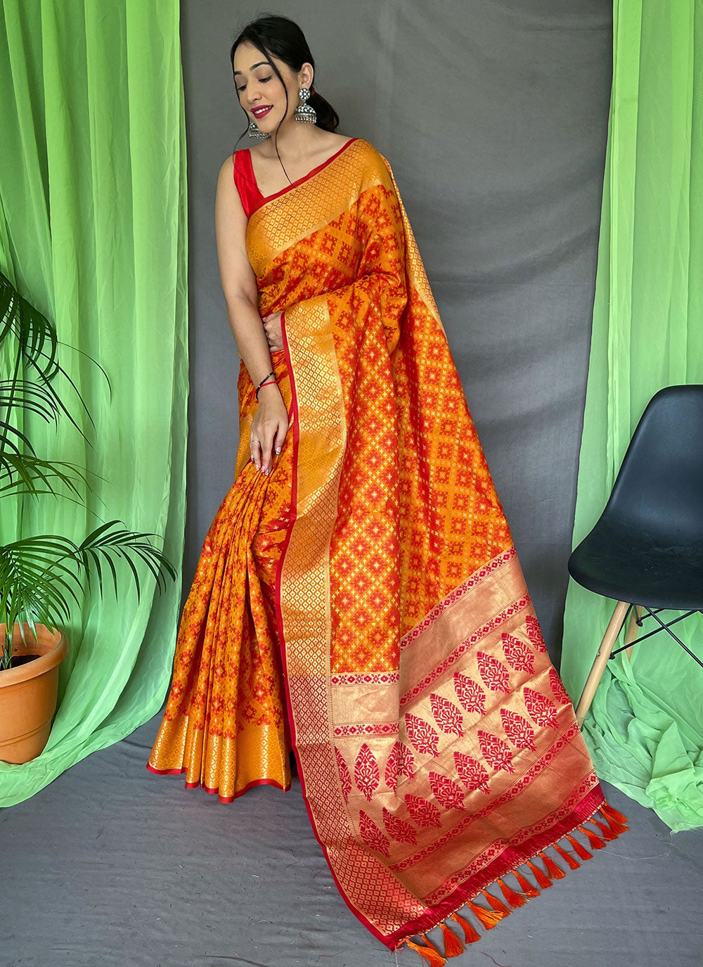 Orange Bandhej Silk Contemporary Saree