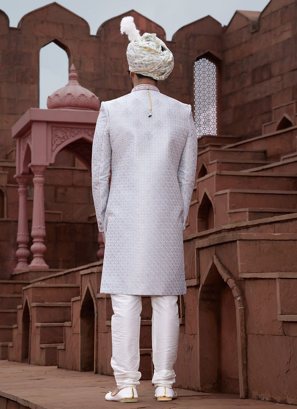 Blue And Grey Embroidered Mens Wear Sherwani For Ceremonial