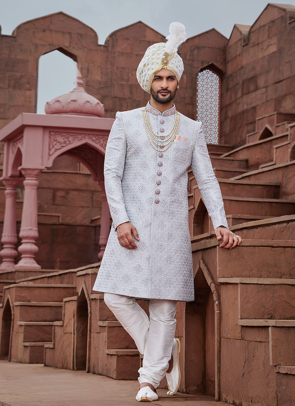 Blue And Grey Embroidered Mens Wear Sherwani For Ceremonial