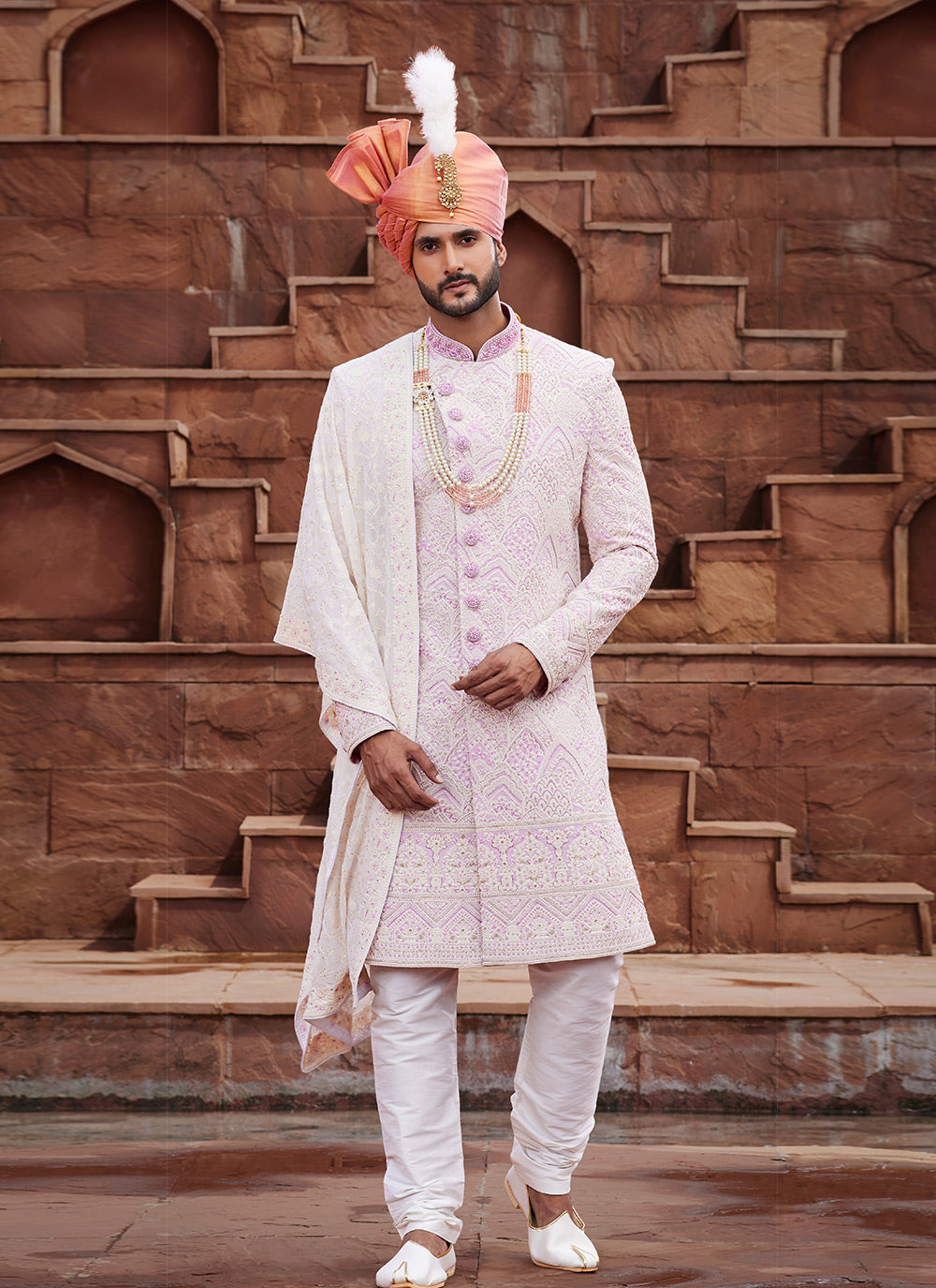 Cream Art Silk Sherwani Mens Wear