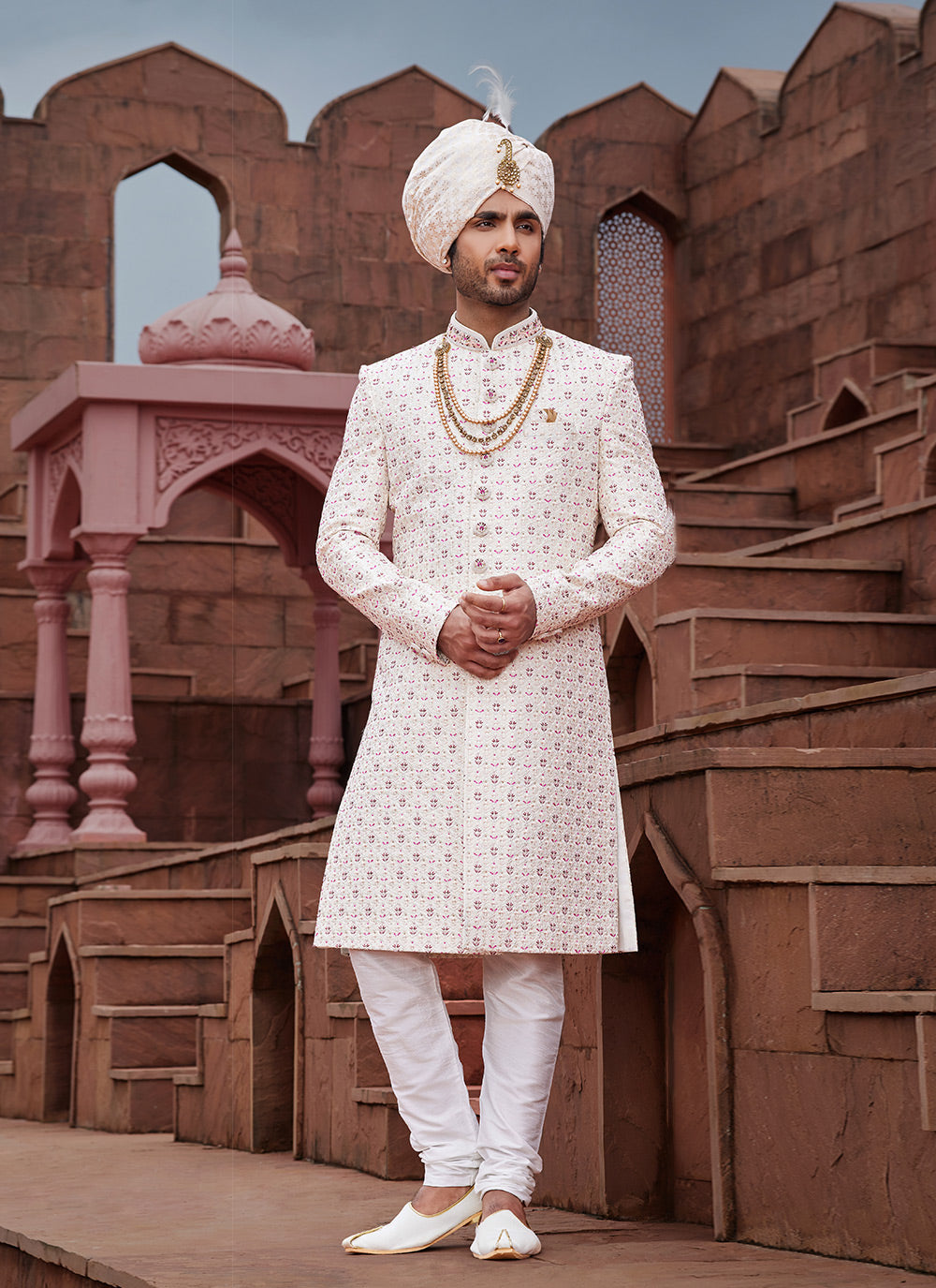 Art Silk Sherwani Mens Wear In Cream