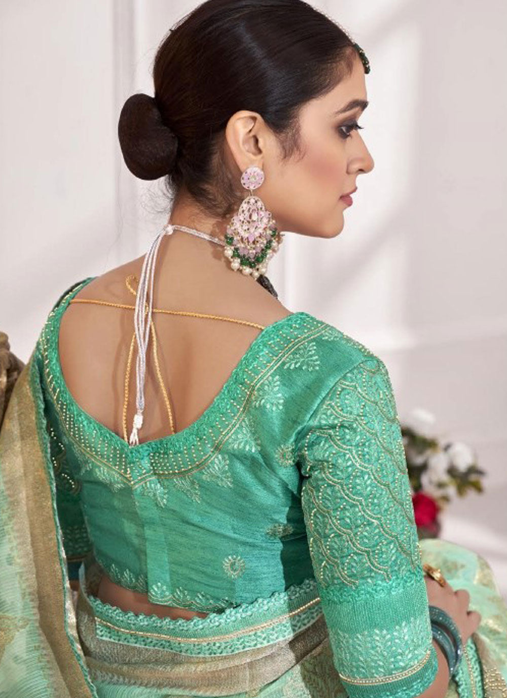 Sea Green Embroidered And Weaving Work Trendy Saree
