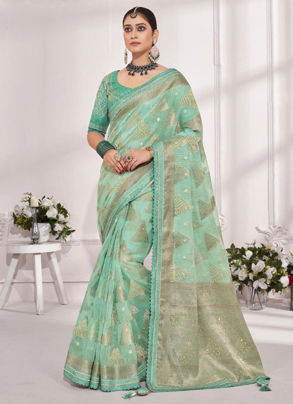 Sea Green Embroidered And Weaving Work Trendy Saree