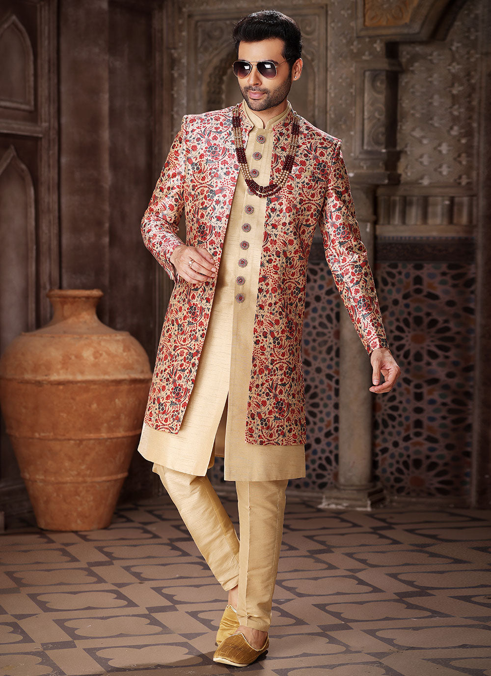 Indo Western In Beige And Maroon