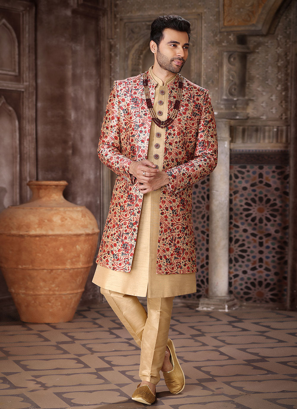 Indo Western In Beige And Maroon
