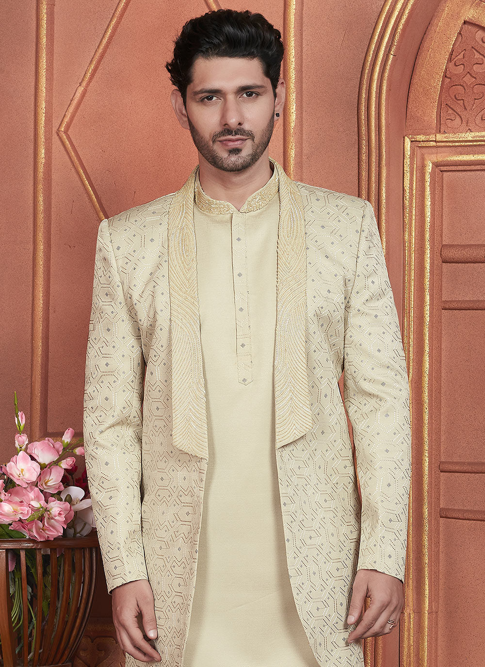 Green Art Silk Machine Embroidery And Thread Work Indo Western For Men