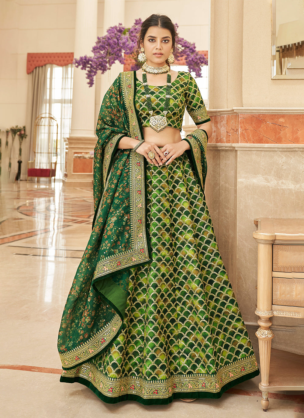 Green Art Silk Lehenga Choli In Mehndi