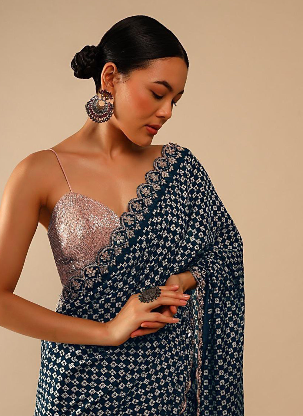 Chinon Blue Sequins Designer Saree