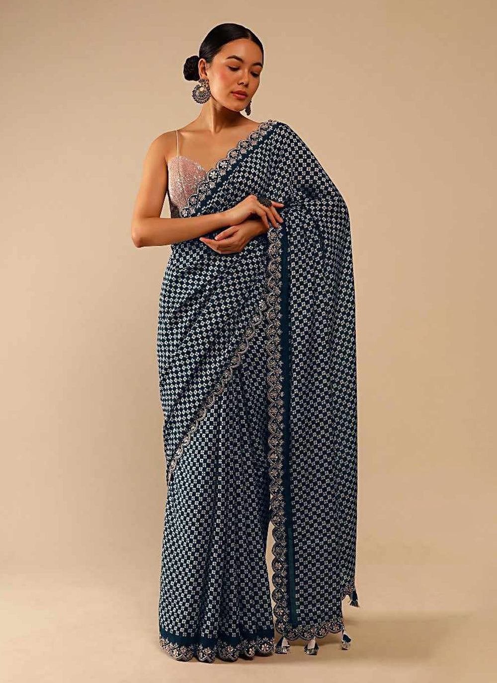 Chinon Blue Sequins Designer Saree