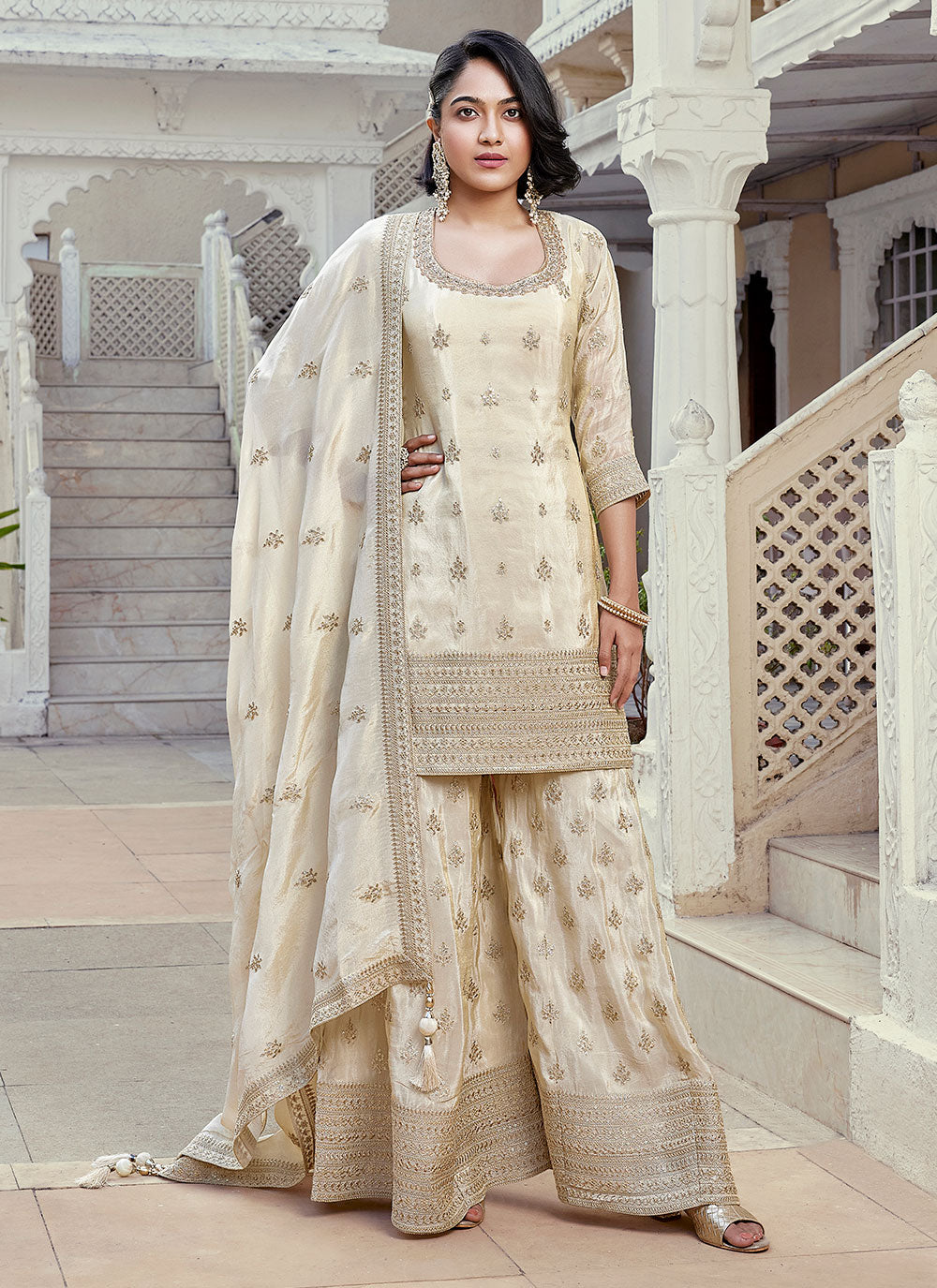 Off White Silk Embroidered Work Palazzo Salwar Suit