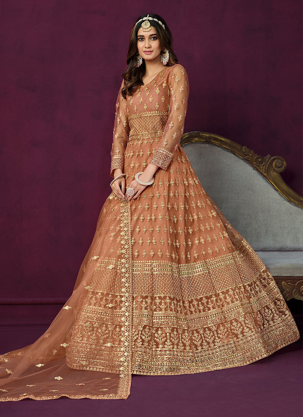 Amusing Brown Net Anarkali Suit With Embroidered And Sequins Work