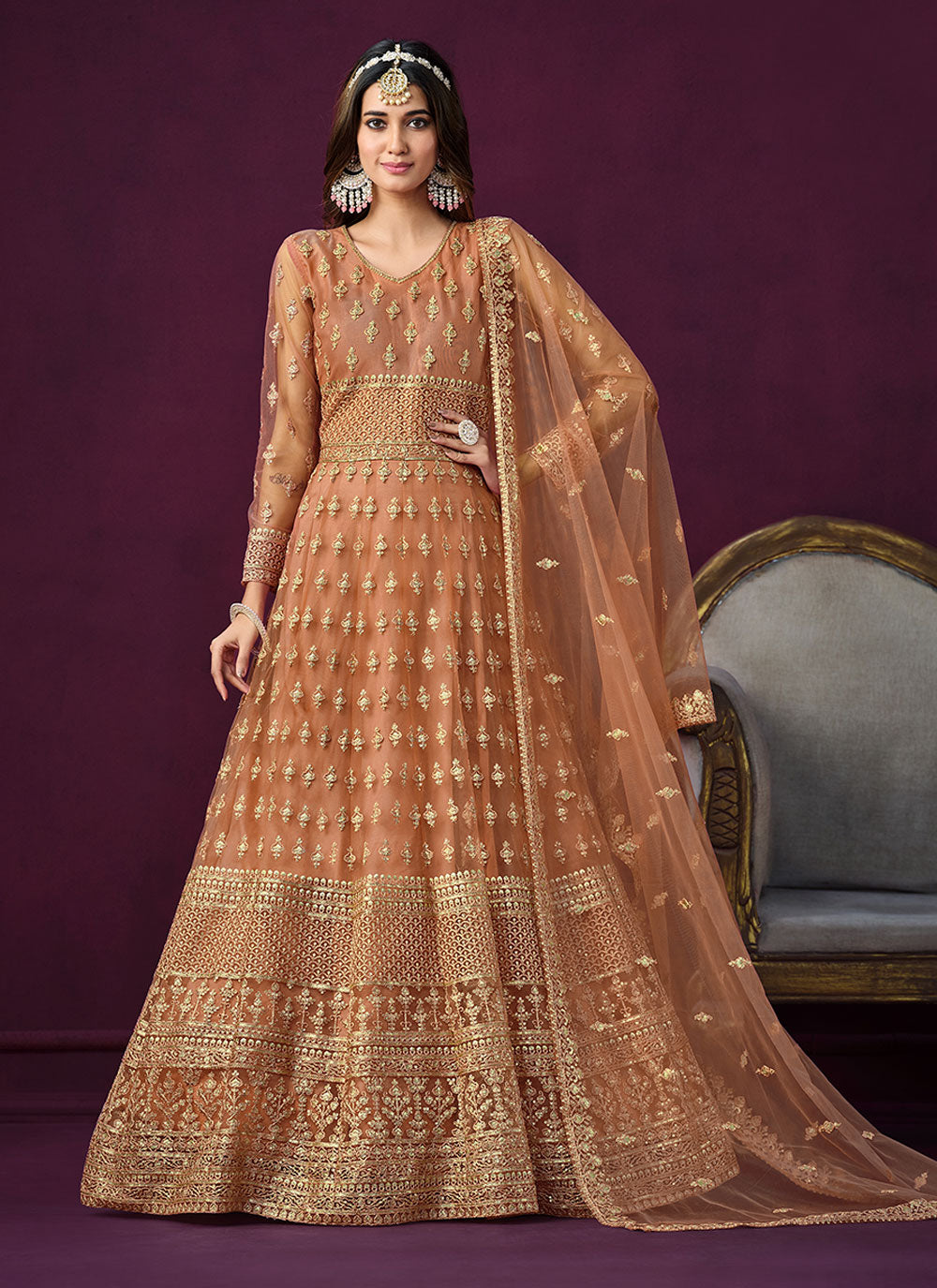 Amusing Brown Net Anarkali Suit With Embroidered And Sequins Work