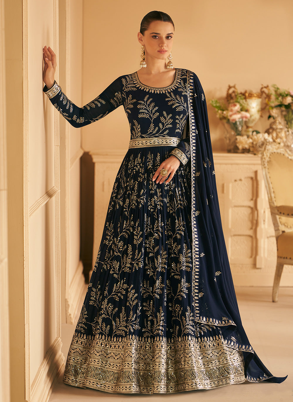 Navy Blue  Stone Readymade Designer Gown