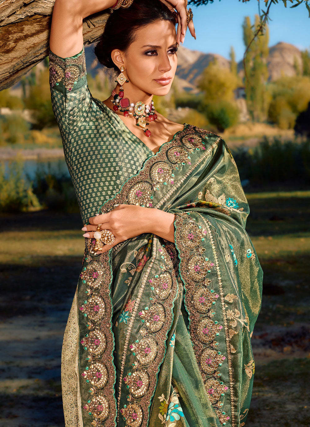 Banarasi Silk Trendy Saree With Embroidered, Mirror And Moti Work