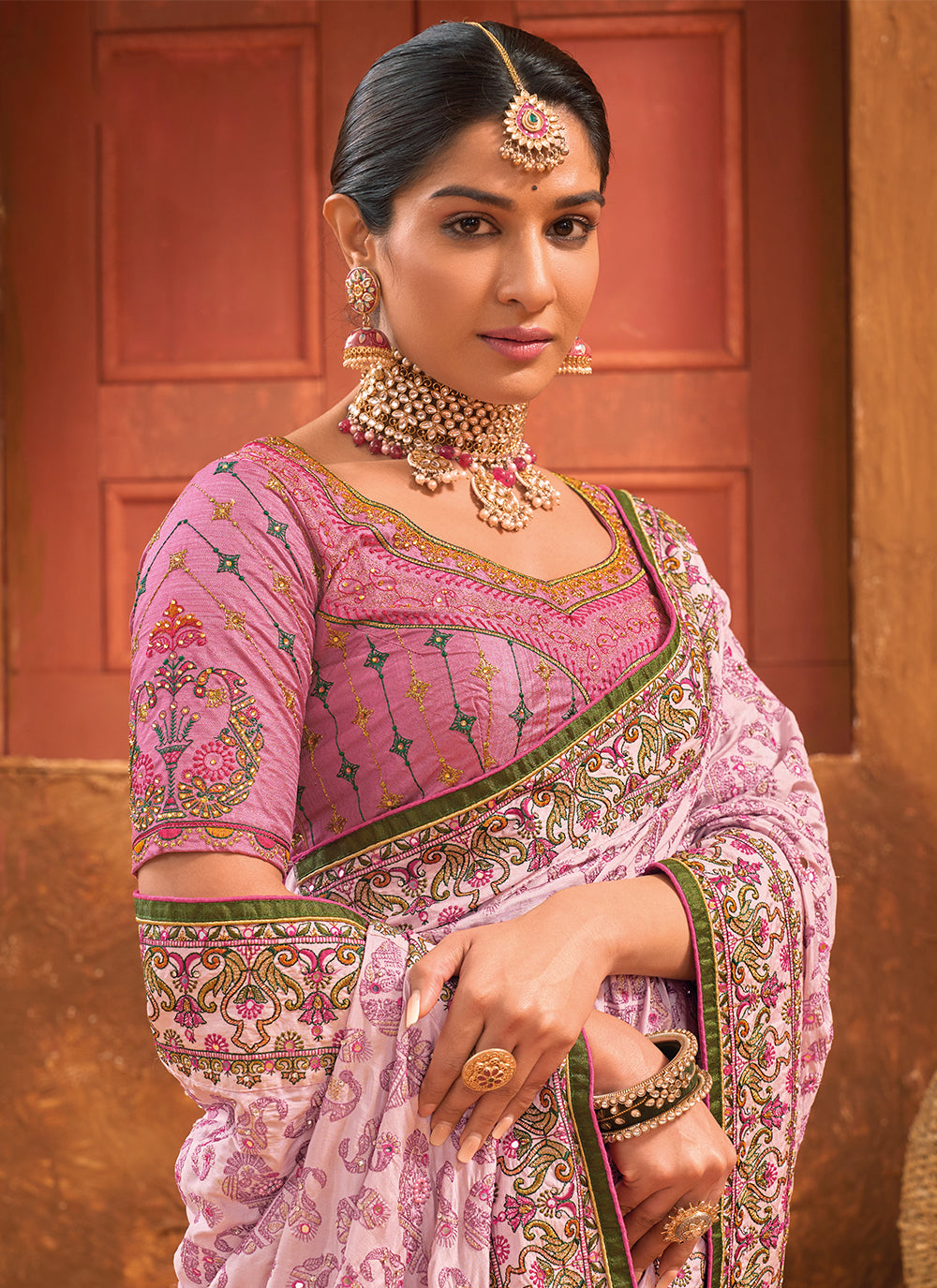 Lavender Banarasi Silk Diamond, Hand And Mirror Work Classic Sari For Women