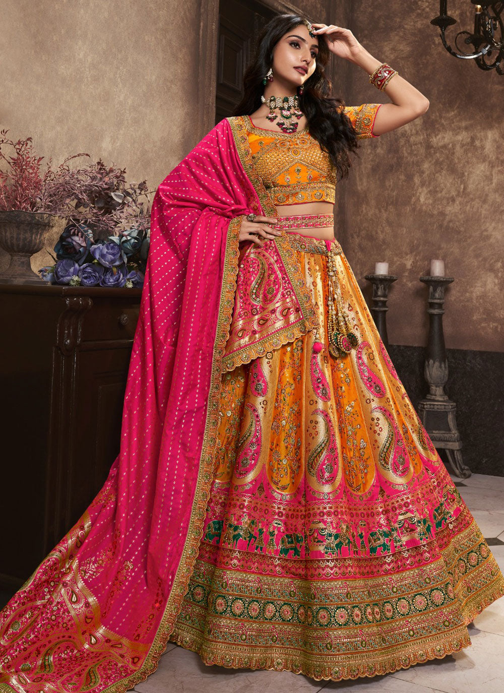 Yellow Banarasi Silk Lehenga Choli With Diamond And Embroidered Work For Engagement
