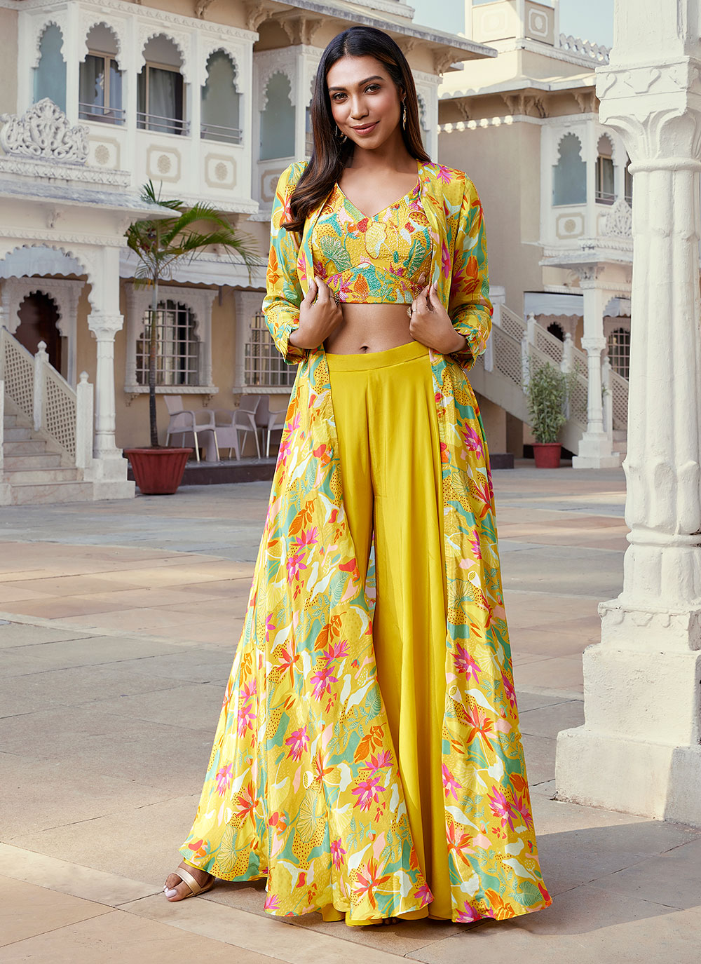 Yellow Georgette Readymade Salwar Suit With Embroidered And Print Work