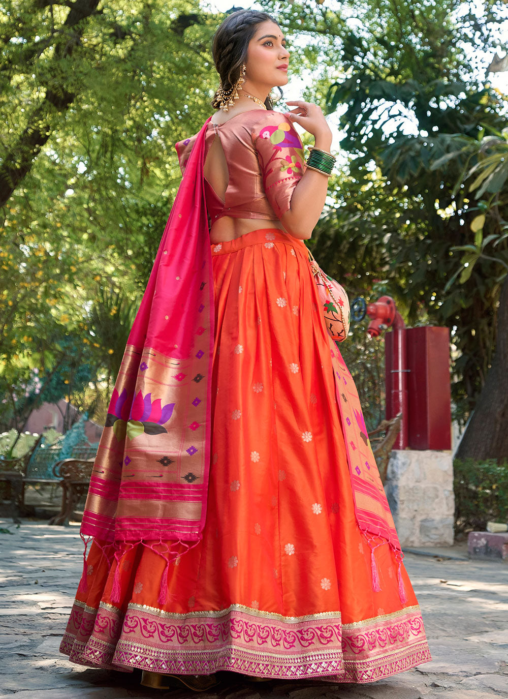 Orange Jacquard Silk Weaving And Zari Work Lehenga Choli For Women