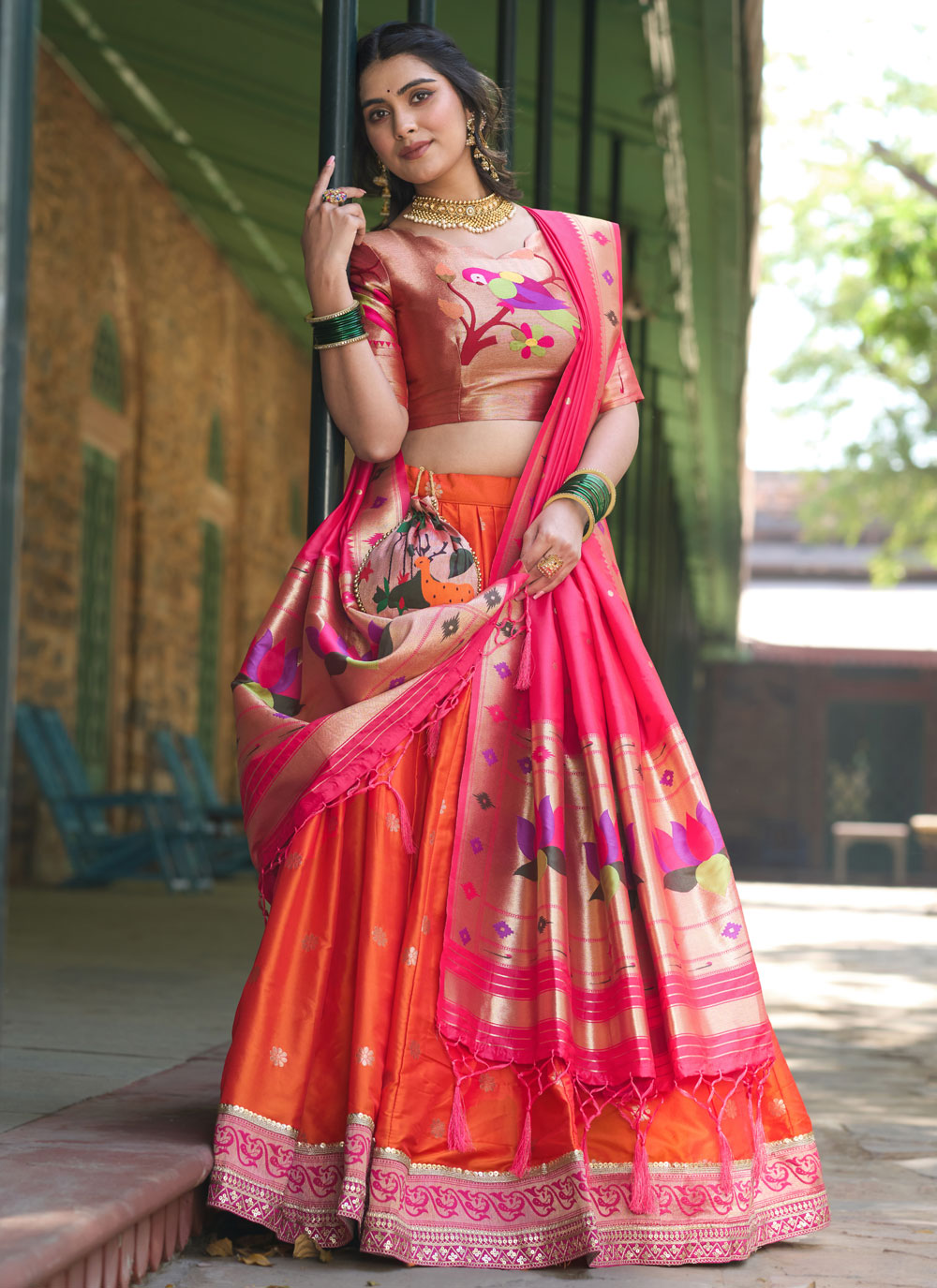 Orange Jacquard Silk Weaving And Zari Work Lehenga Choli For Women