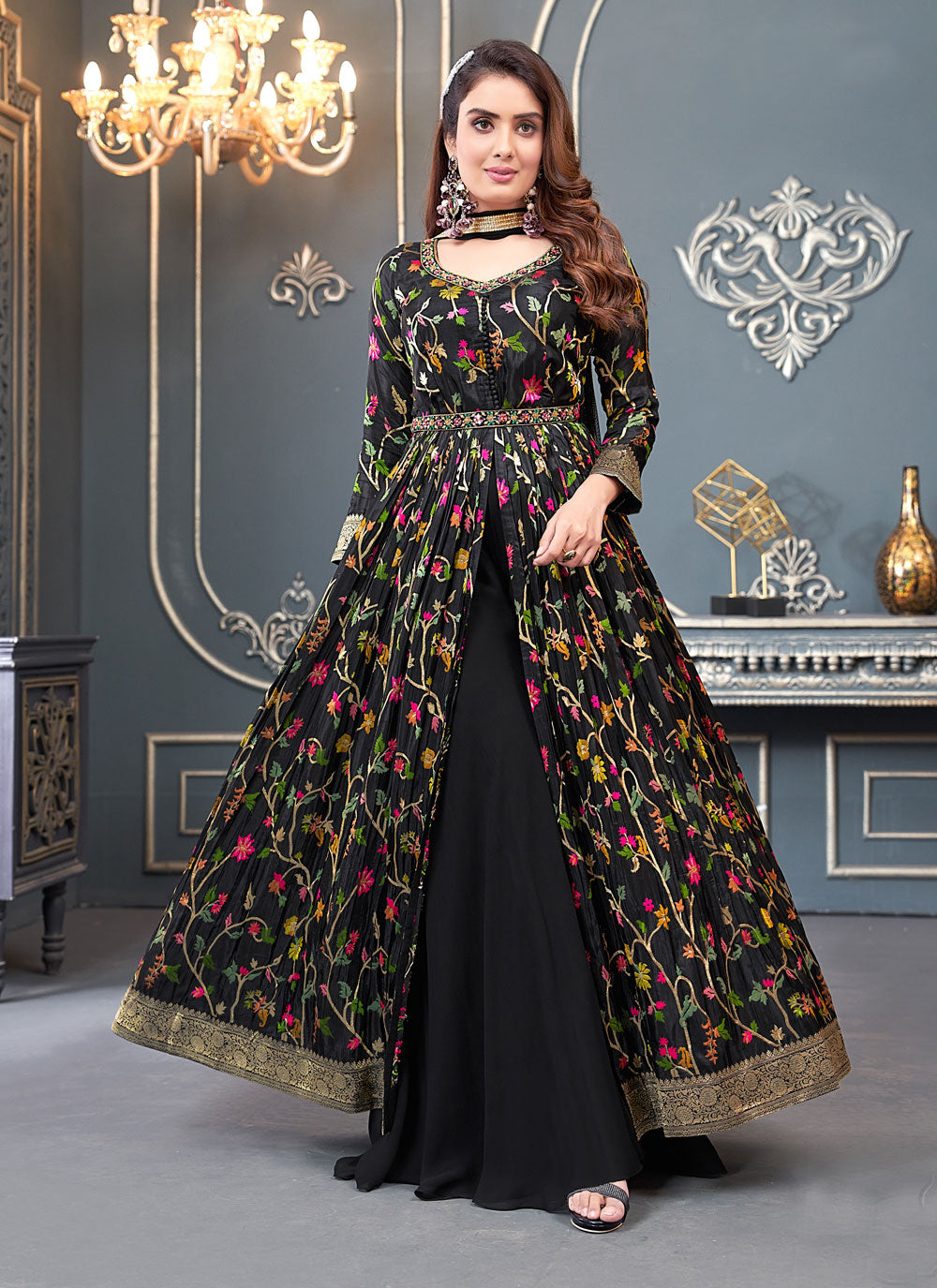 Black Silk Readymade Salwar Suit With Embroidered Work
