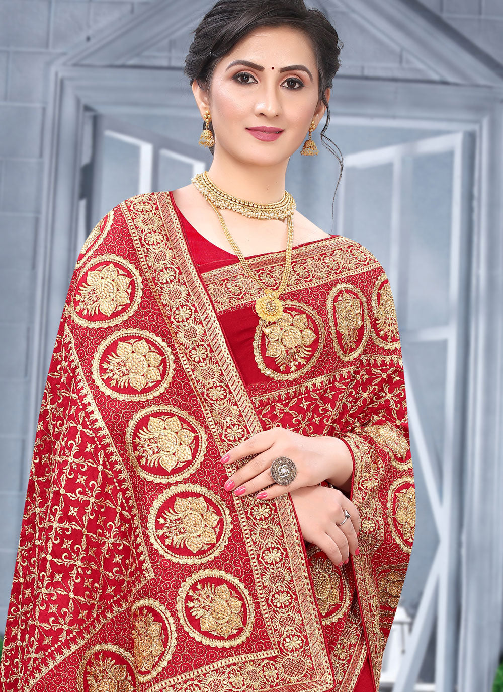 Red Vichitra Silk Trendy Saree With Embroidered And Zari Work For Women