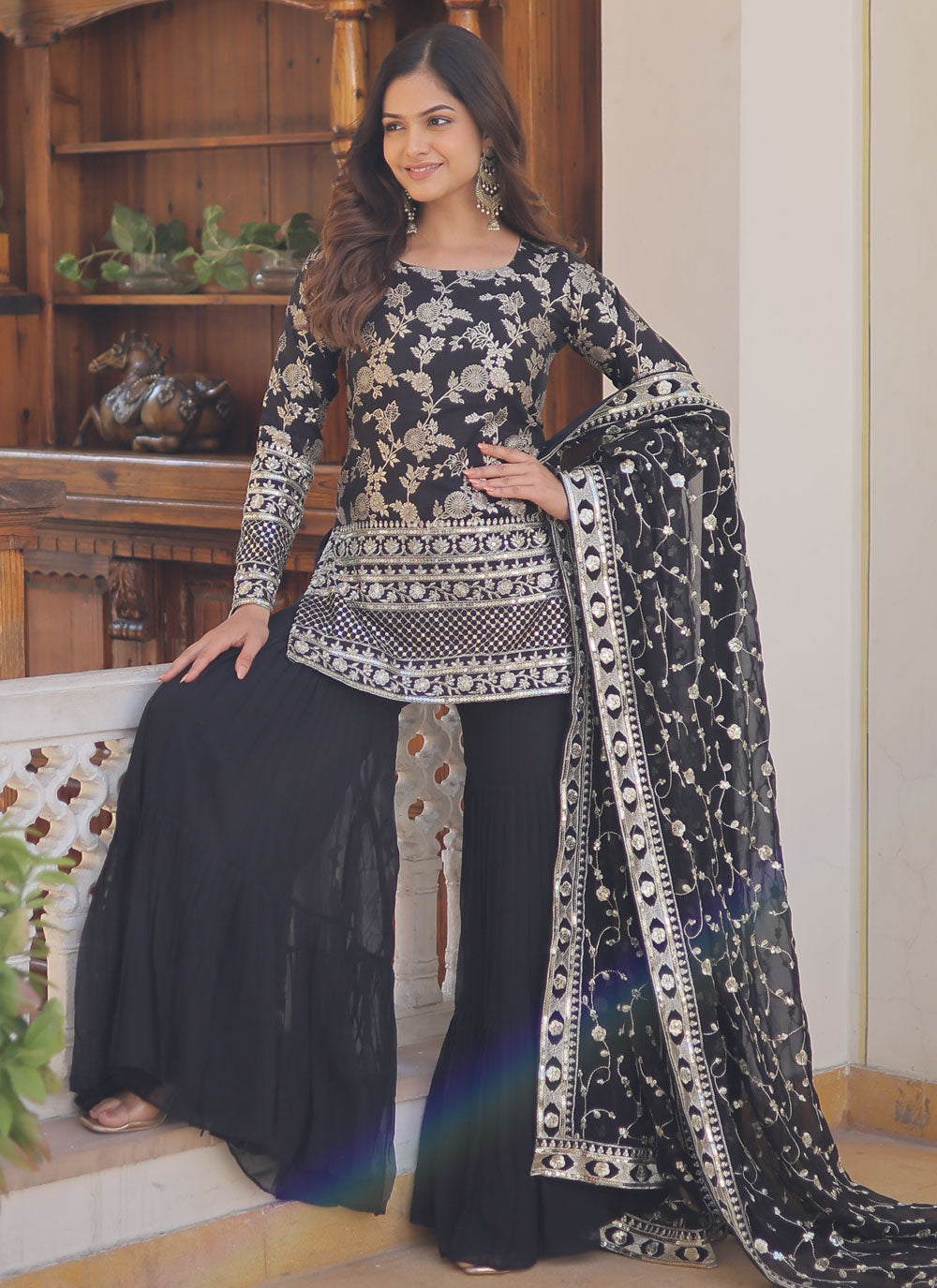 Jacquard Readymade Salwar Suit In Black