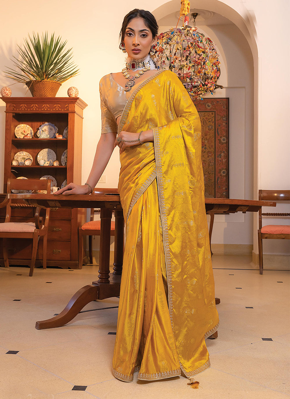 Embroidered Work Satin Contemporary Saree In Mustard