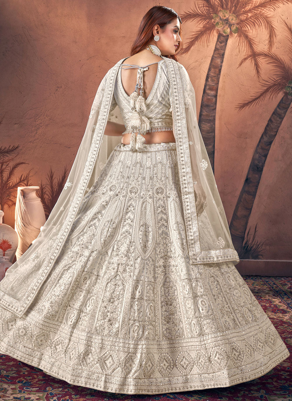 Cream Georgette Embroidered And Hand Work A - Line Lehenga Choli For Party