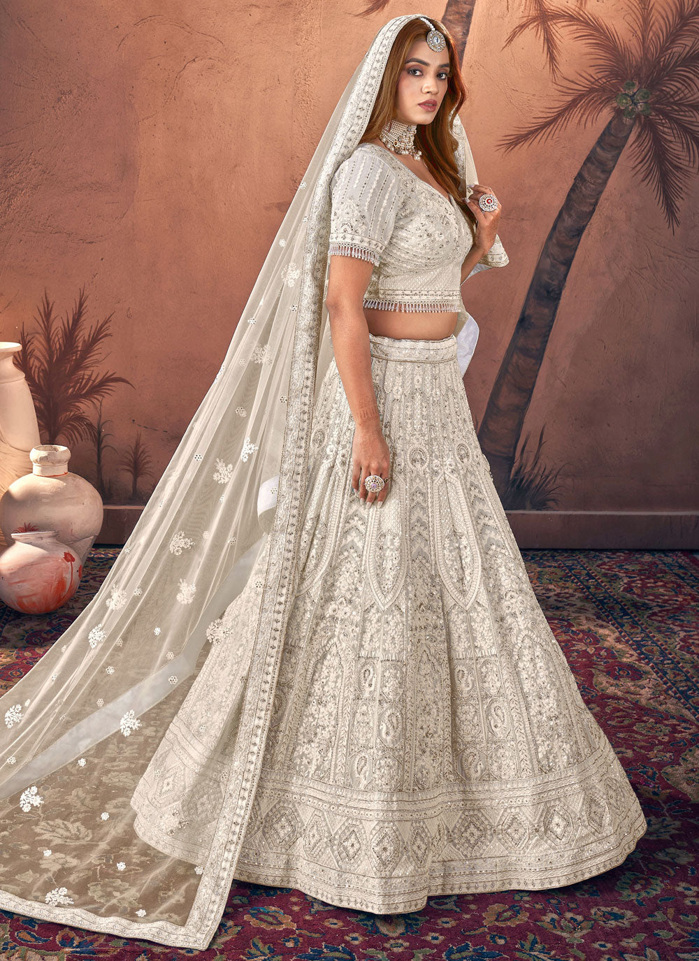 Cream Georgette Embroidered And Hand Work A - Line Lehenga Choli For Party