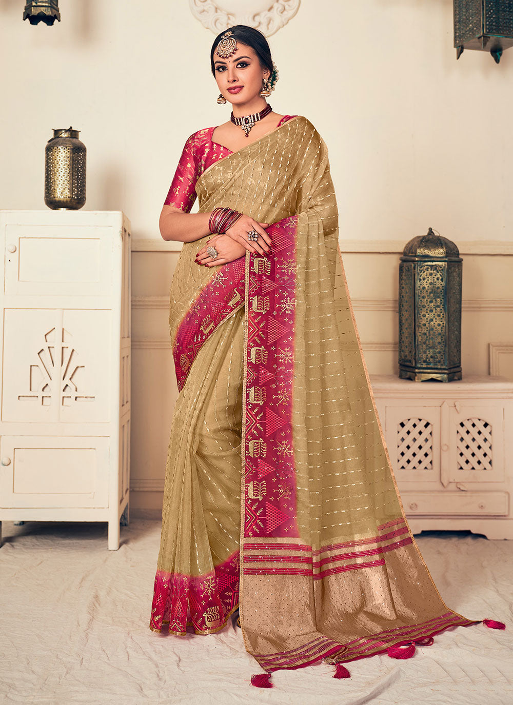 Embroidered And Woven Work Silk Trendy Saree In Beige For Ceremonial