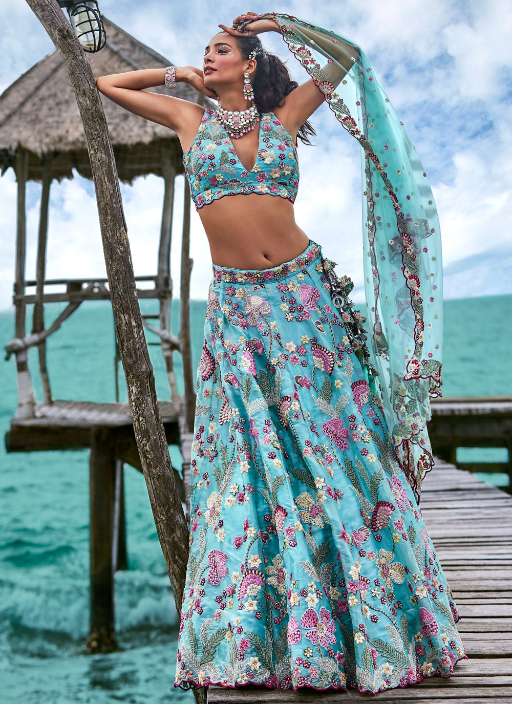 Embroidered, Sequins And Thread Work Organza Lehenga Choli In Turquoise