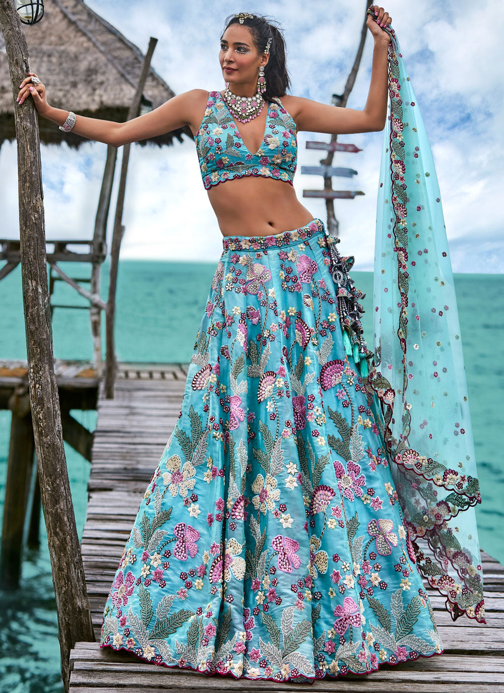 Embroidered, Sequins And Thread Work Organza Lehenga Choli In Turquoise