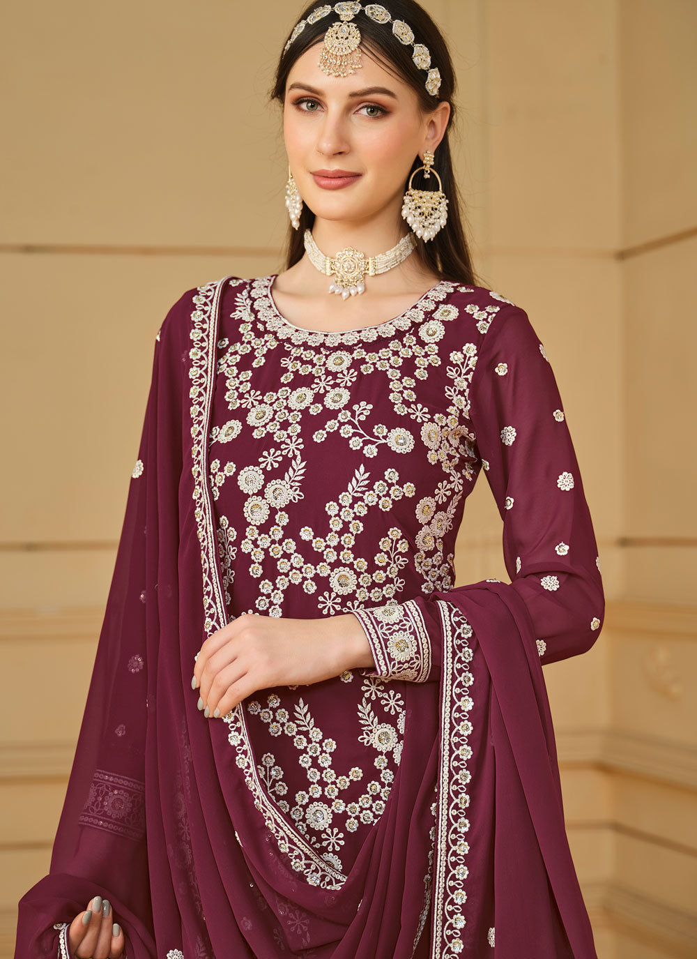 Embroidered And Sequins Work Faux Georgette Salwar Suit In Wine