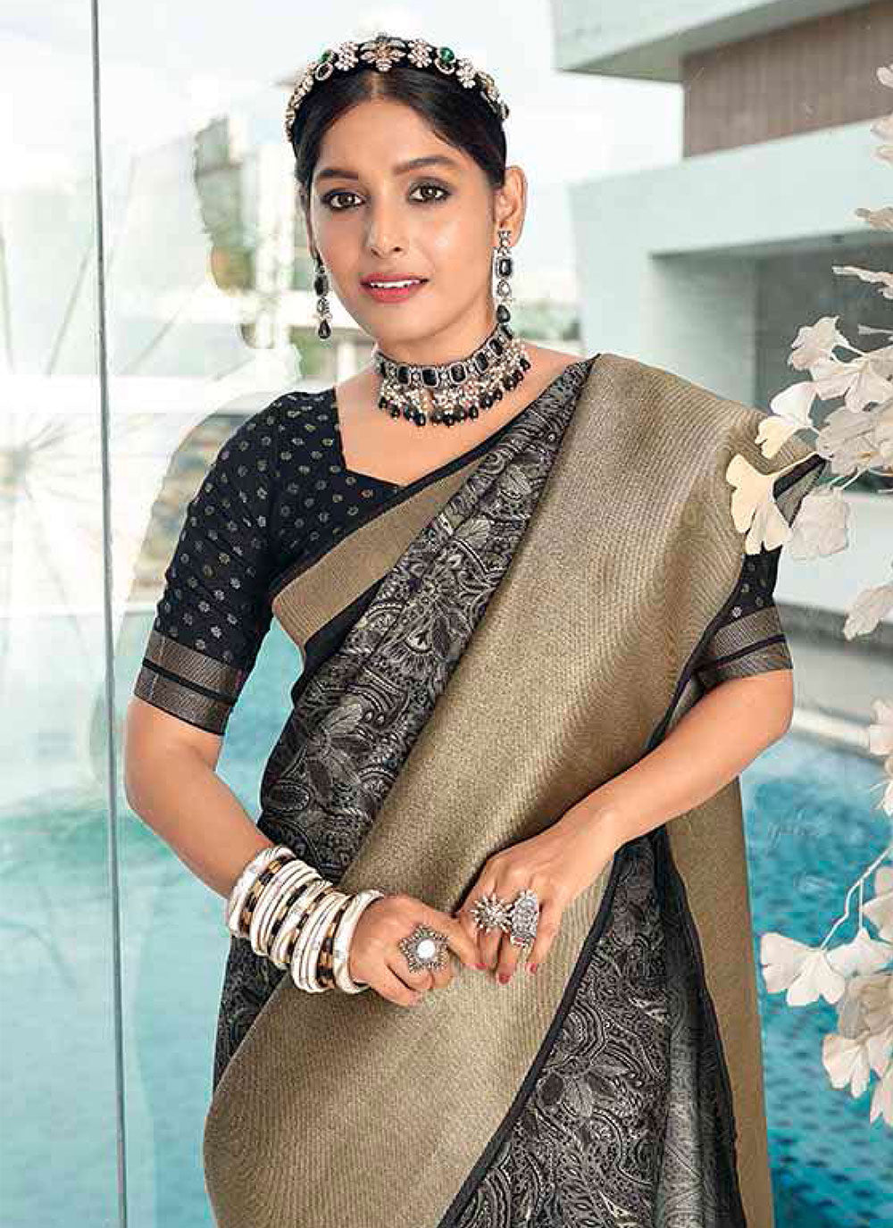 Black Silk Classic Saree With Abstract Print Work