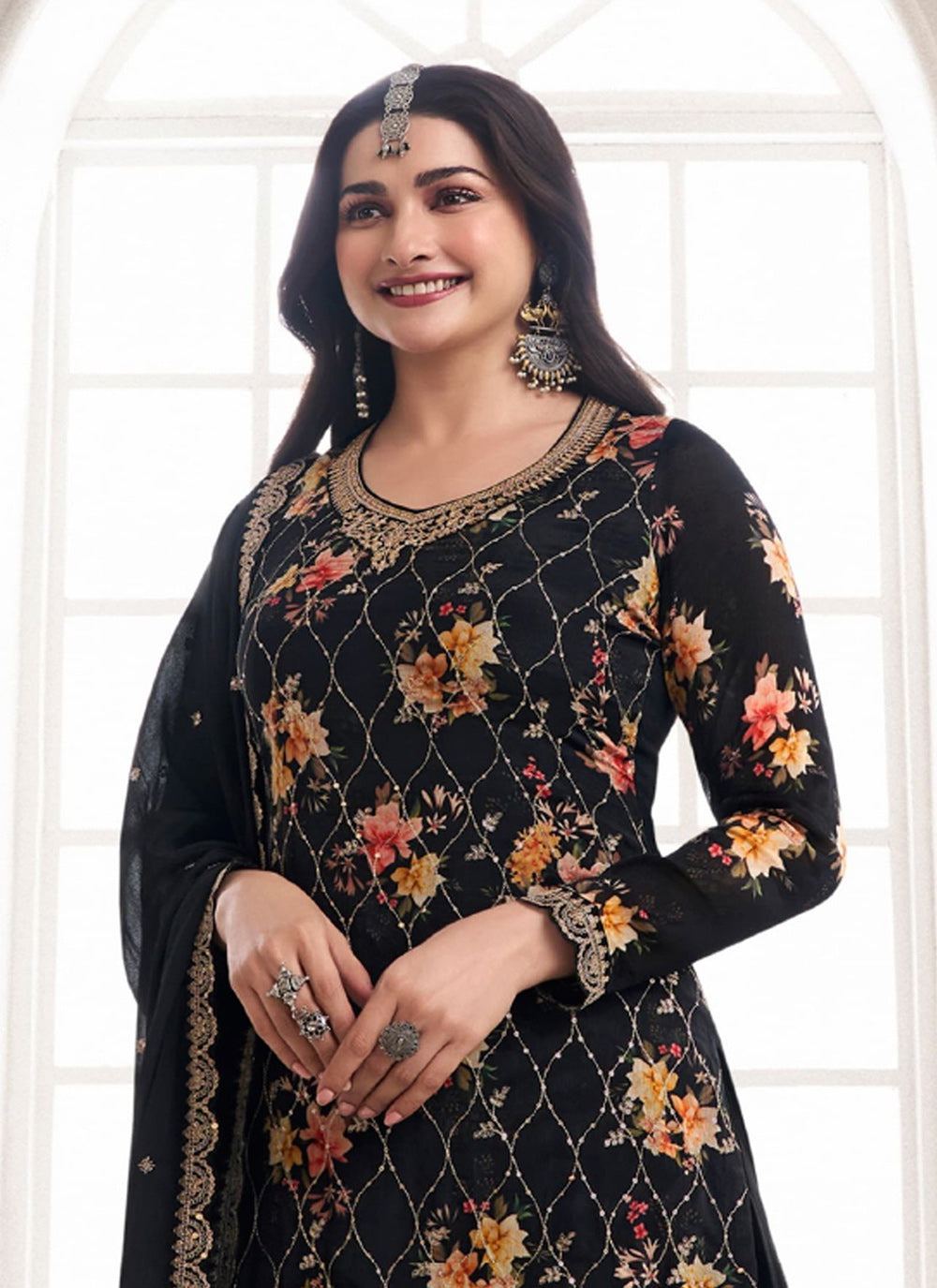 Black Chinon Embroidered Work Palazzo Salwar Suit