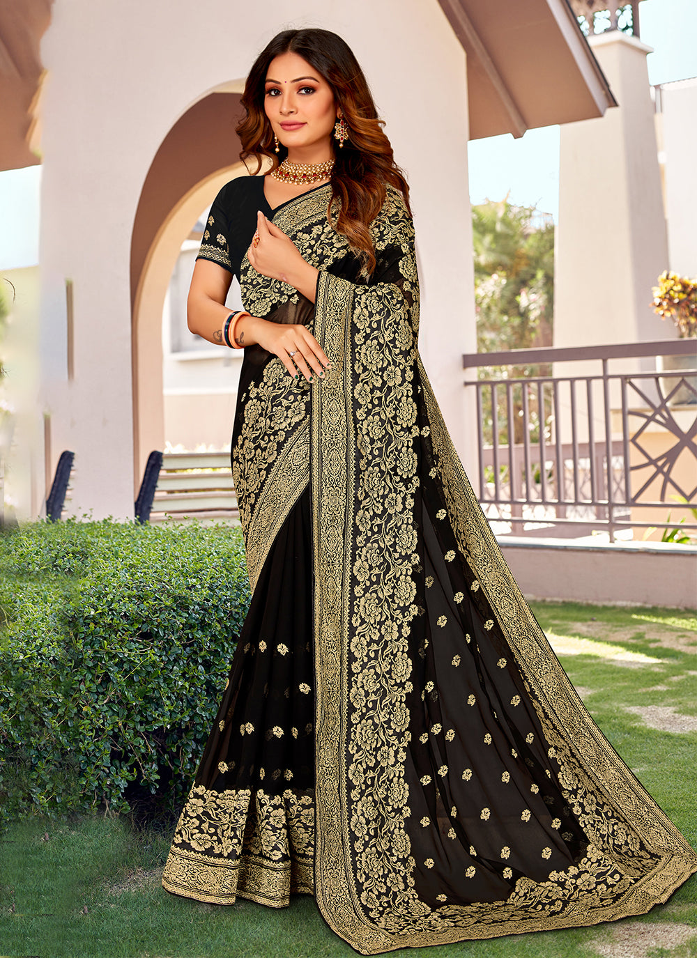 Black Georgette Engagement Traditional Saree