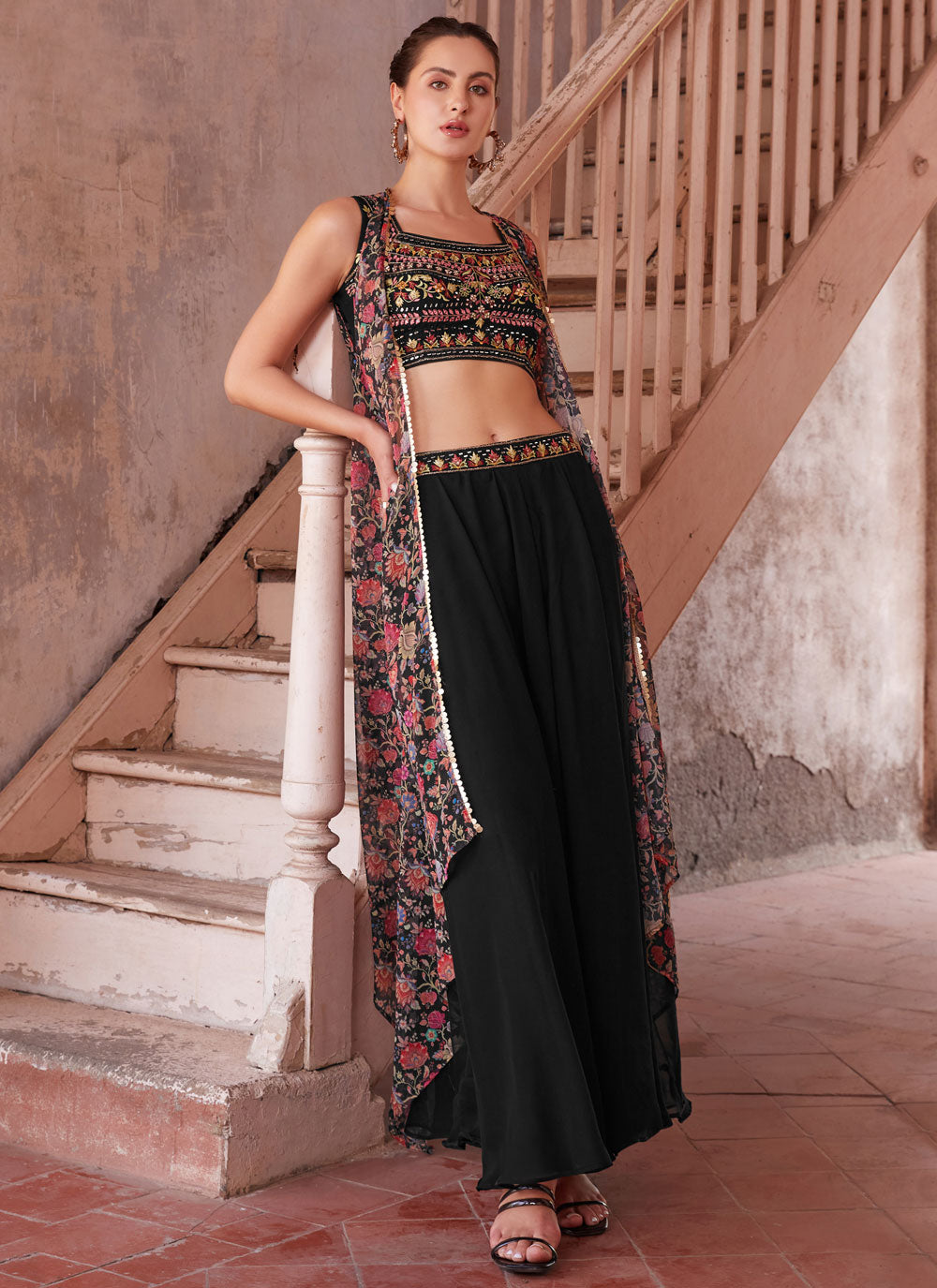 Black Georgette Readymade Salwar Suit With Embroidered And Mirror Work