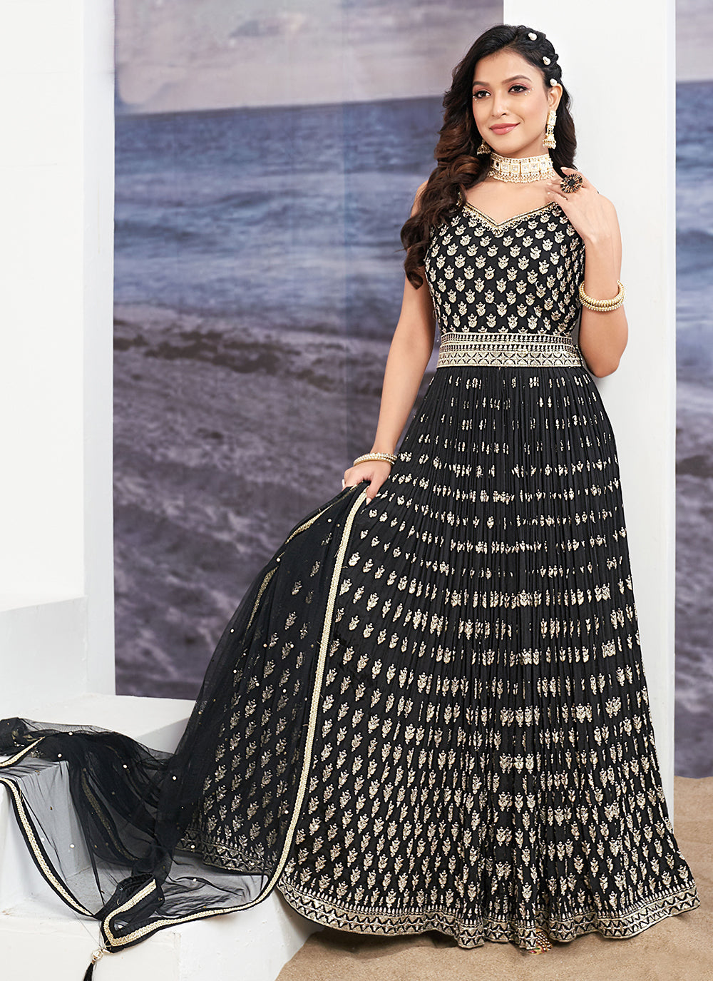 Black Embroidered Work Chinon Gown