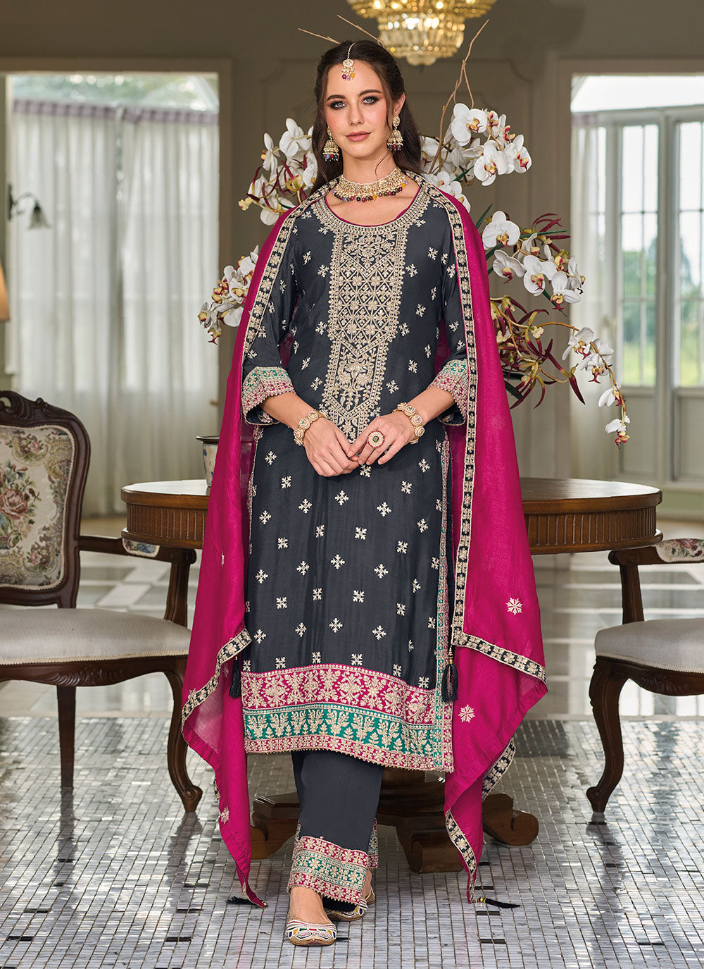 Black Silk Salwar Suit With Embroidered And Sequins Work For Women