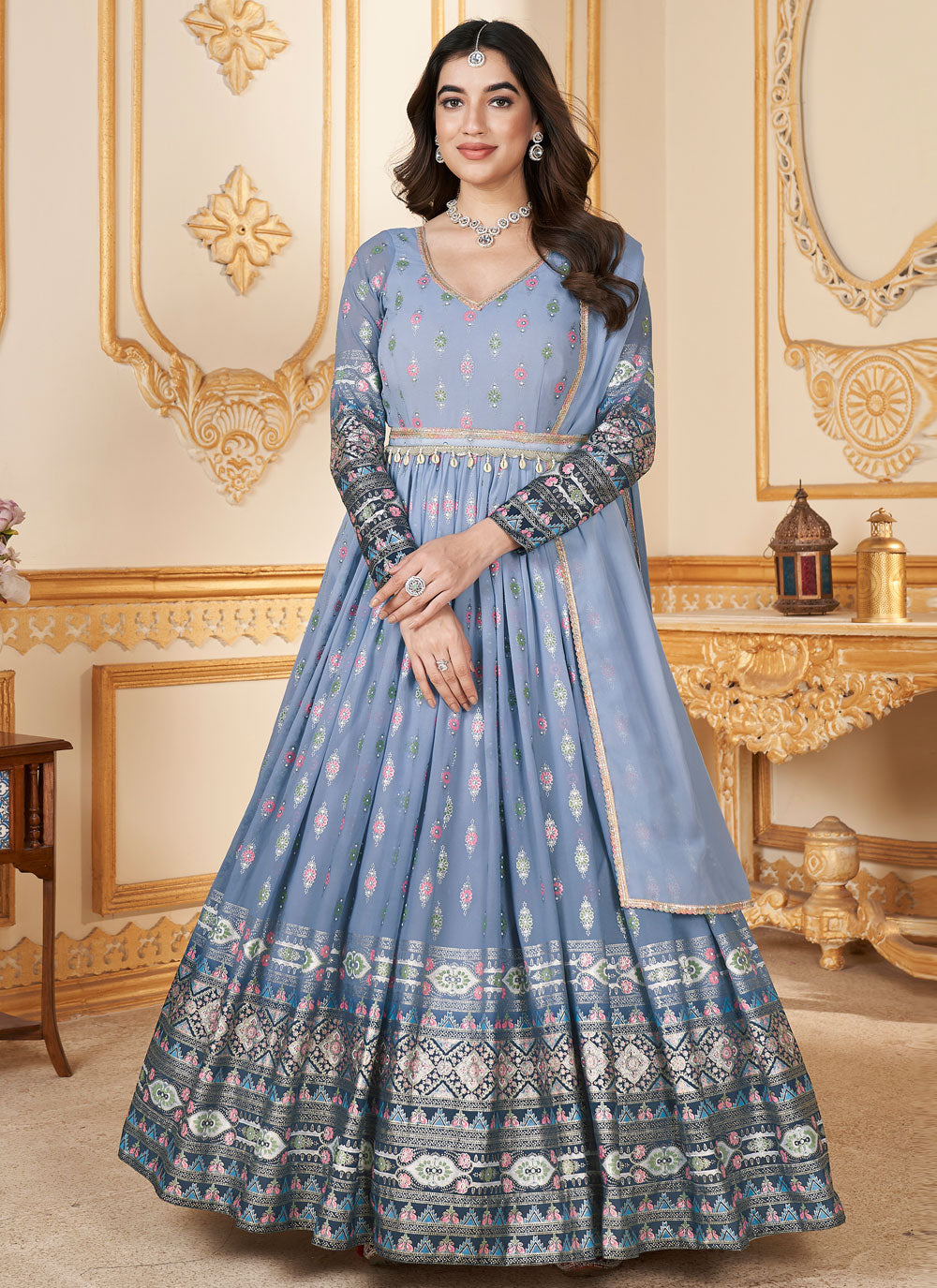 Blue Faux Georgette Designer Gown With Foil Print Work