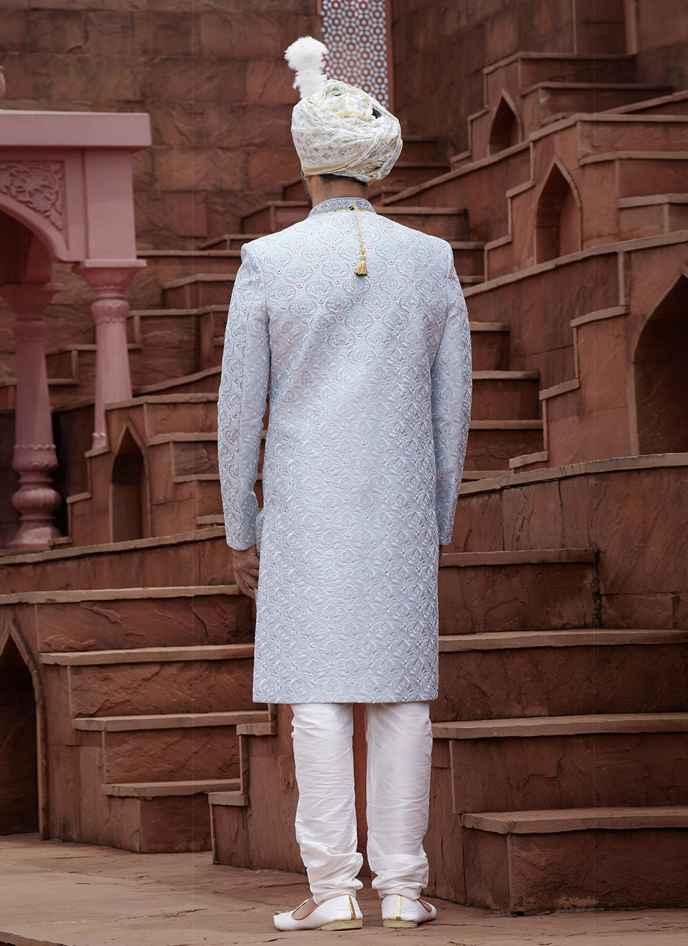 Embroidered Work Art Silk Sherwani Mens Wear In Blue And Grey