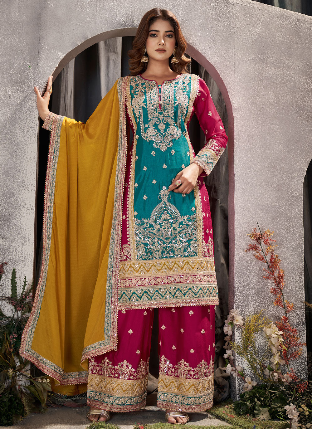 Embroidered Work Chinon Palazzo Salwar Suit In Blue For Ceremonial
