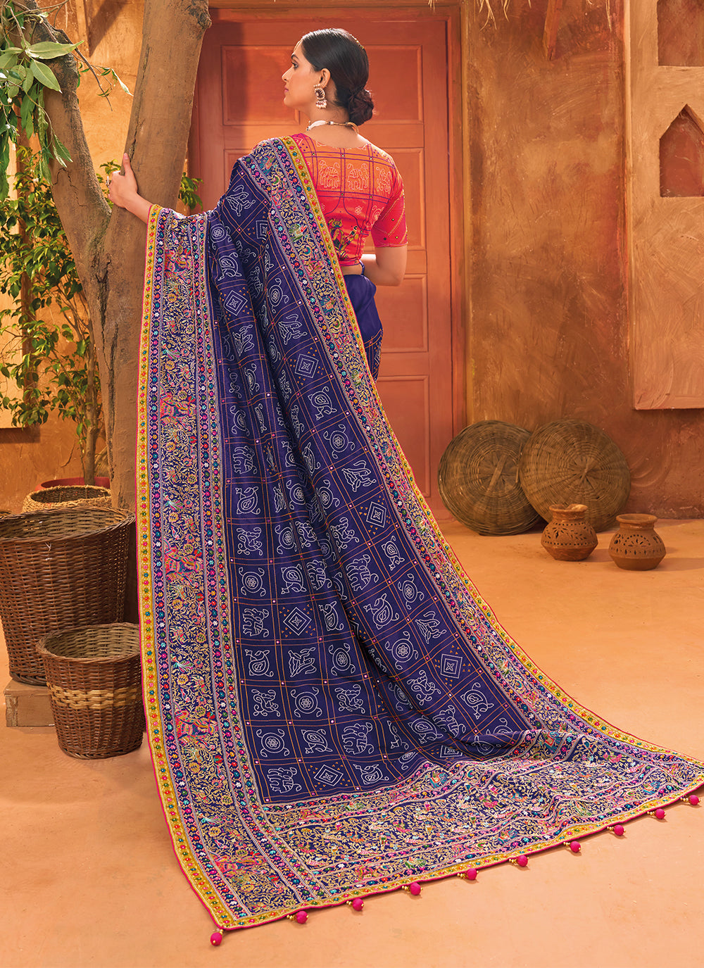 Blue Banarasi Silk Cut Dana, Hand And Mirror Work Trendy Saree For Party
