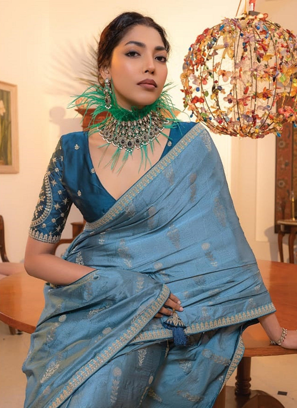 Blue Embroidered Work Satin Classic Saree