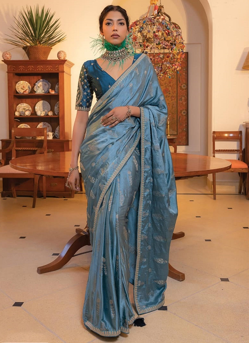 Blue Embroidered Work Satin Classic Saree