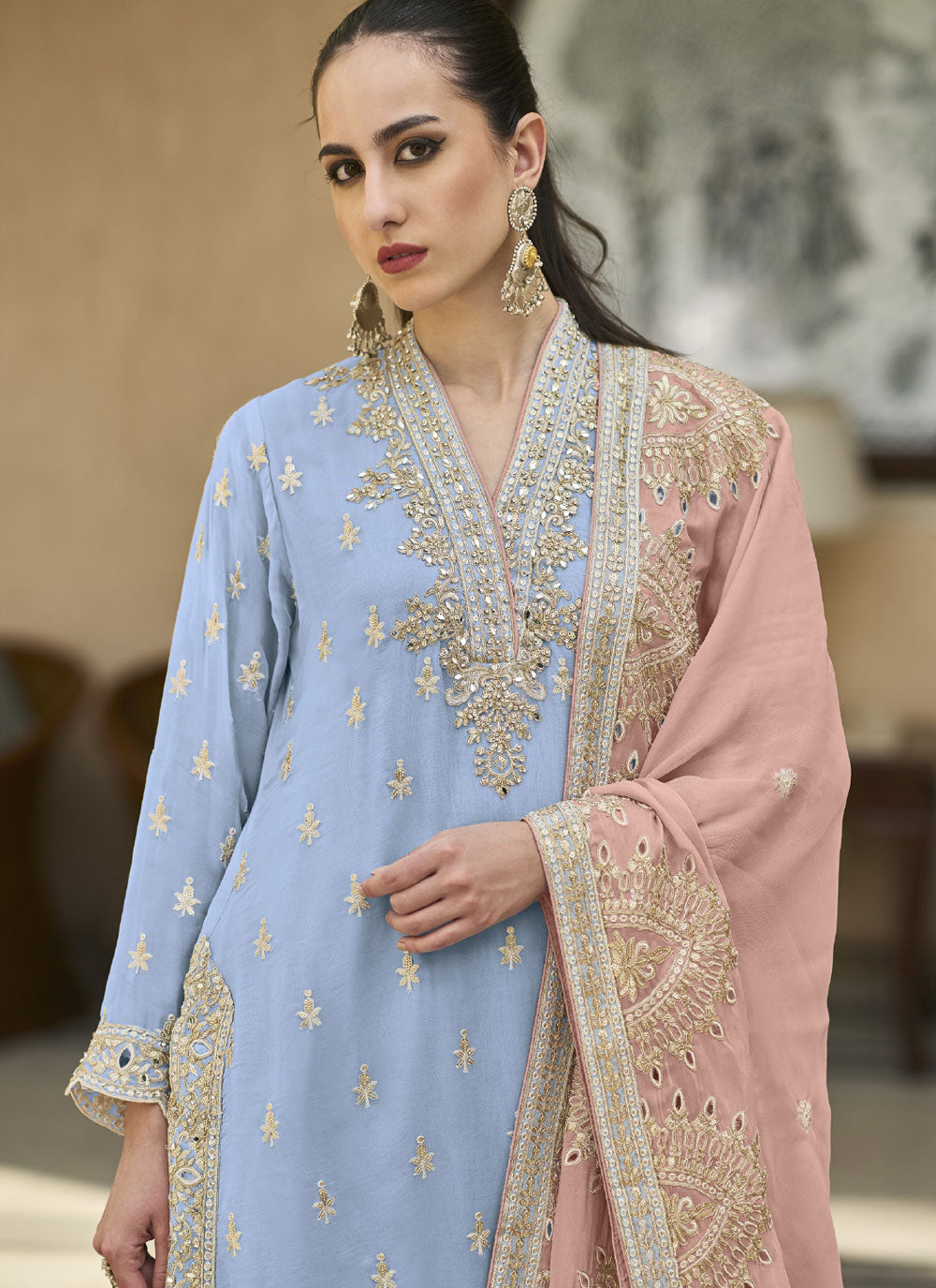 Blue Pure Chiffon Embroidered And Sequins Work Salwar Suit