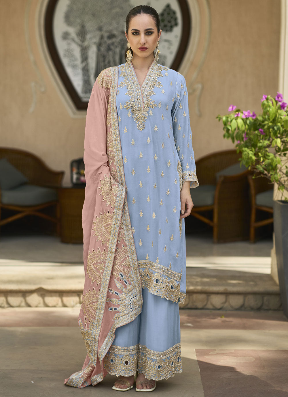 Blue Pure Chiffon Embroidered And Sequins Work Salwar Suit