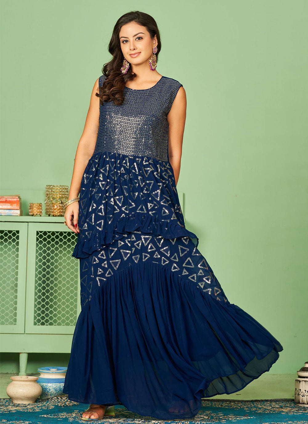 Blue Georgette Embroidered And Sequins Work Designer Gown For Engagement