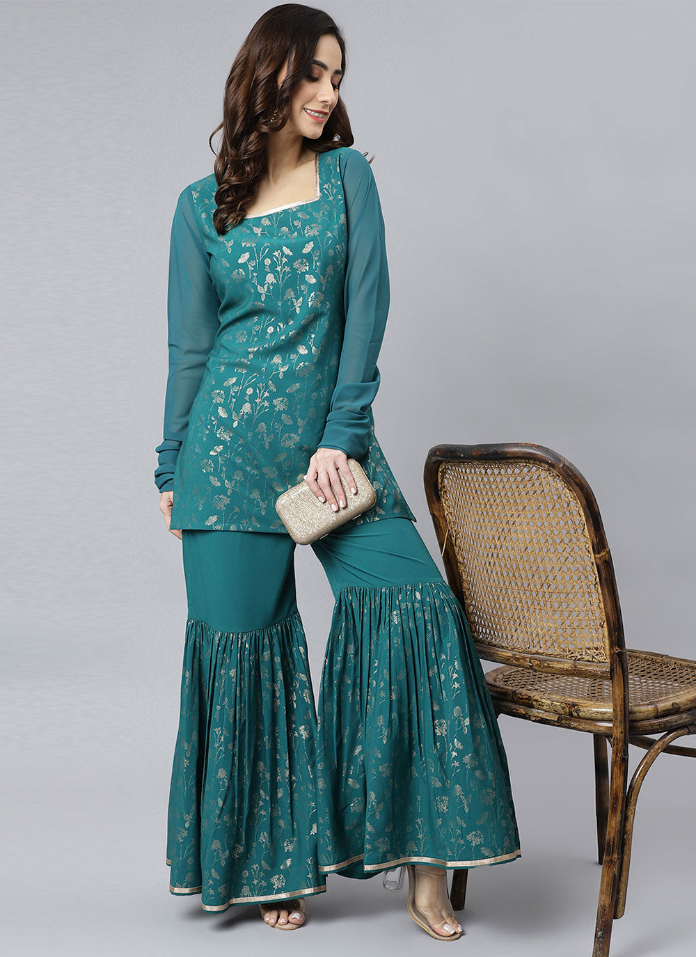 Crepe Silk Teal Readymade Salwar Suit