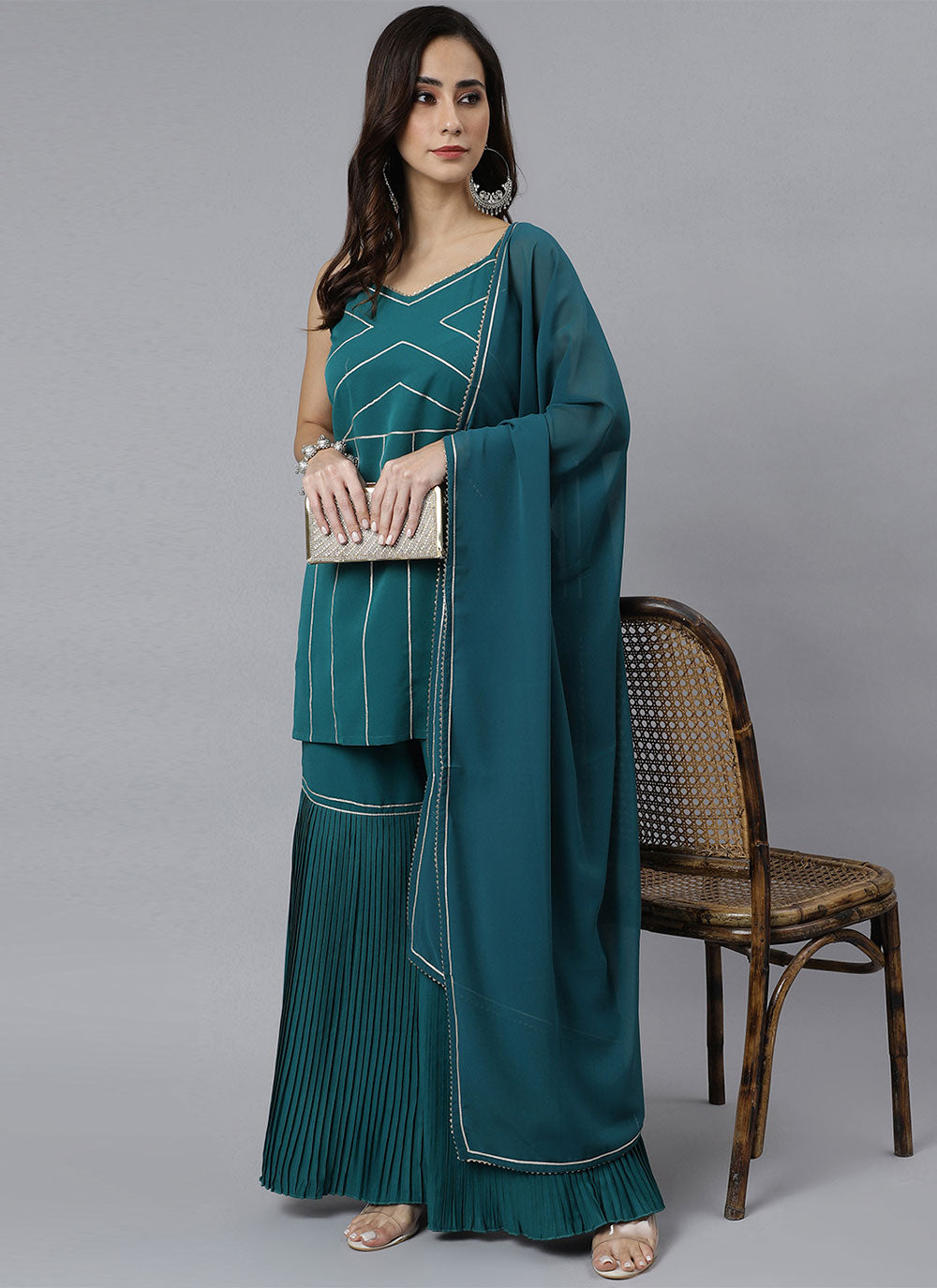 Crepe Silk Teal Readymade Salwar Suit
